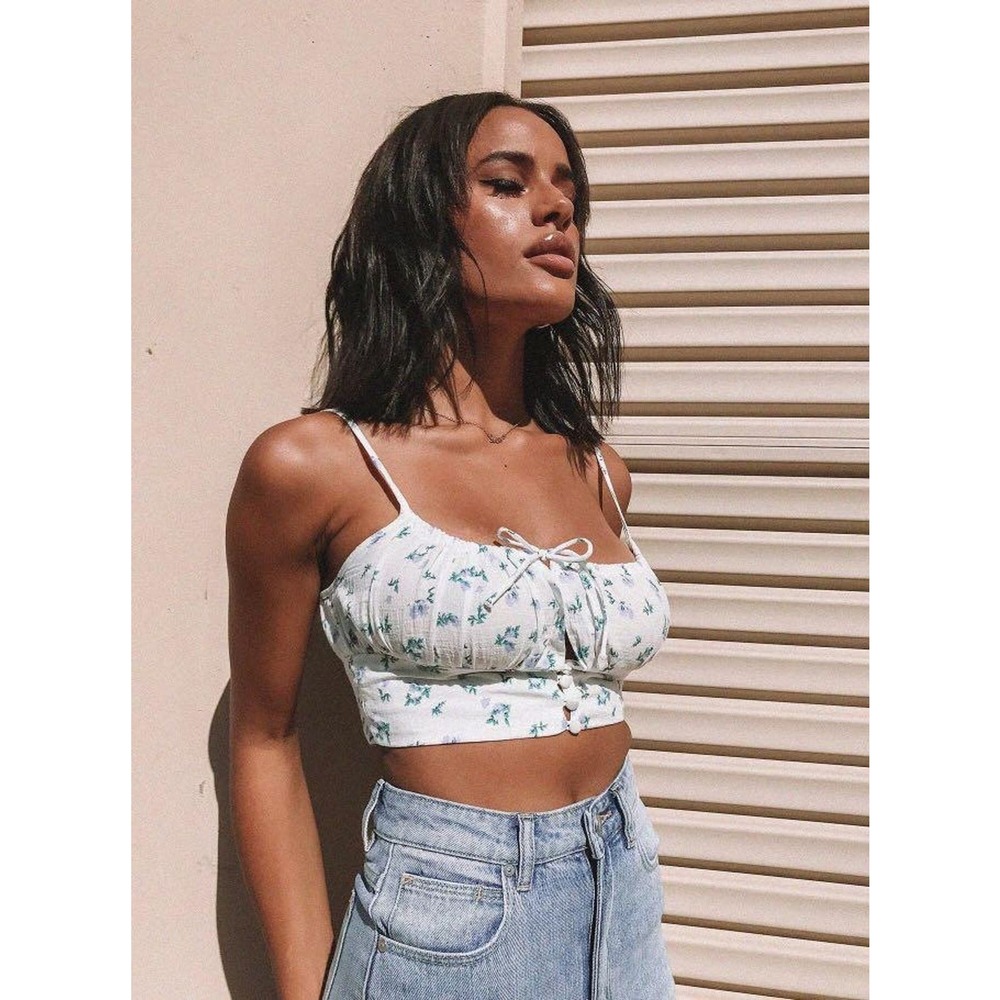 Dainty blue floral woven crop tank